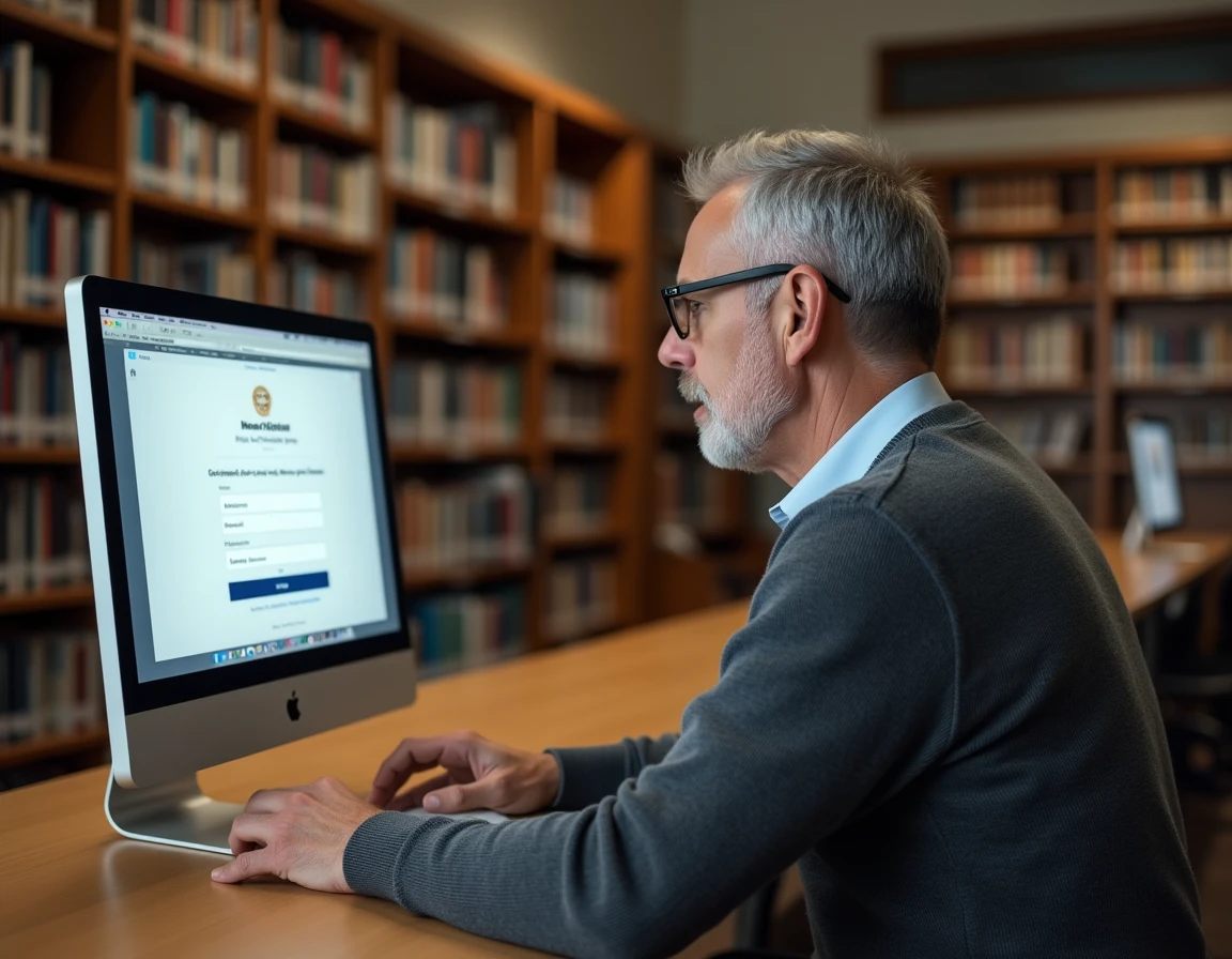 Homme d'âge mûr accédant aux services en ligne MyCitya sur un ordinateur de bibliothèque publique
