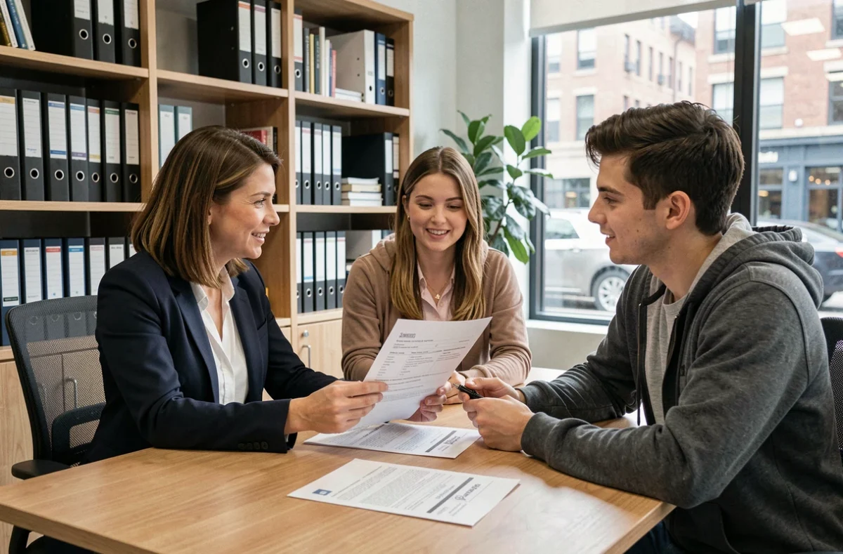 Agent immobilier expliquant les détails d'une garantie loyer impayé à un jeune couple de locataires dans un bureau professionnel