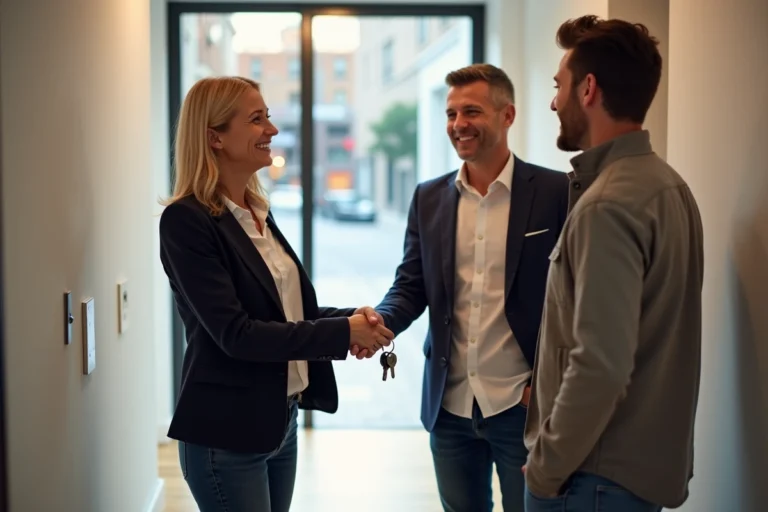 Agent immobilier professionnel remettant les clés d'un appartement à un couple souriant lors d'une location réussie