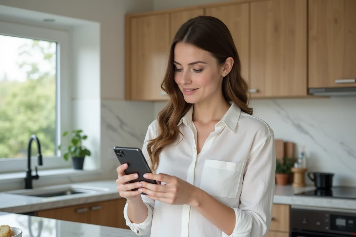 Jeune femme consultant une annonce gratuite sur son smartphone dans une cuisine moderne