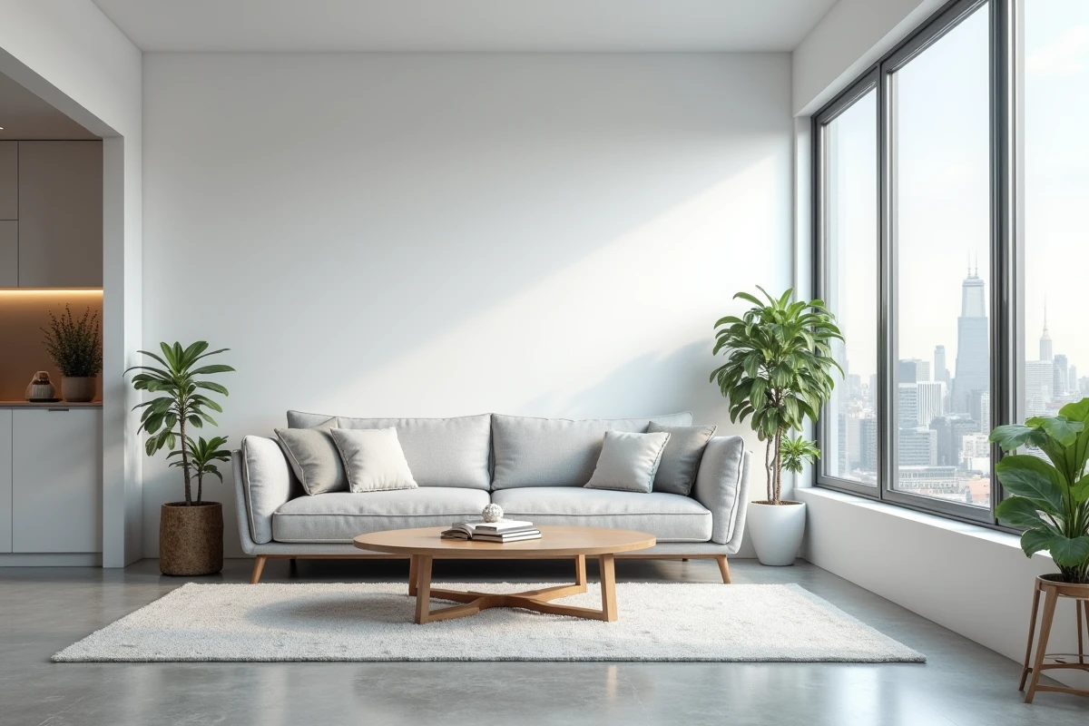 Appartement moderne et lumineux prêt pour une visite locative avec vue sur la ville et décoration minimaliste