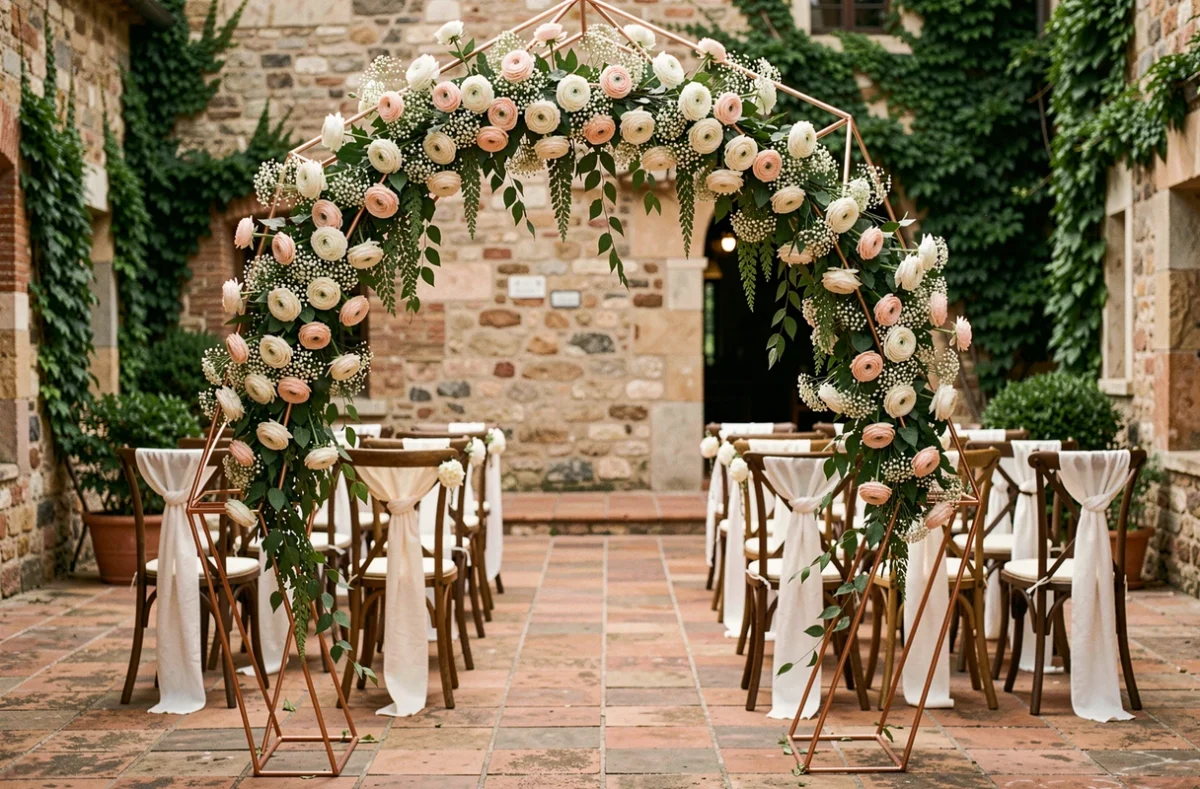 Arche de mariage en cuivre ornée de roses blanches et de renoncules blush dans une cour méditerranéenne en pierre