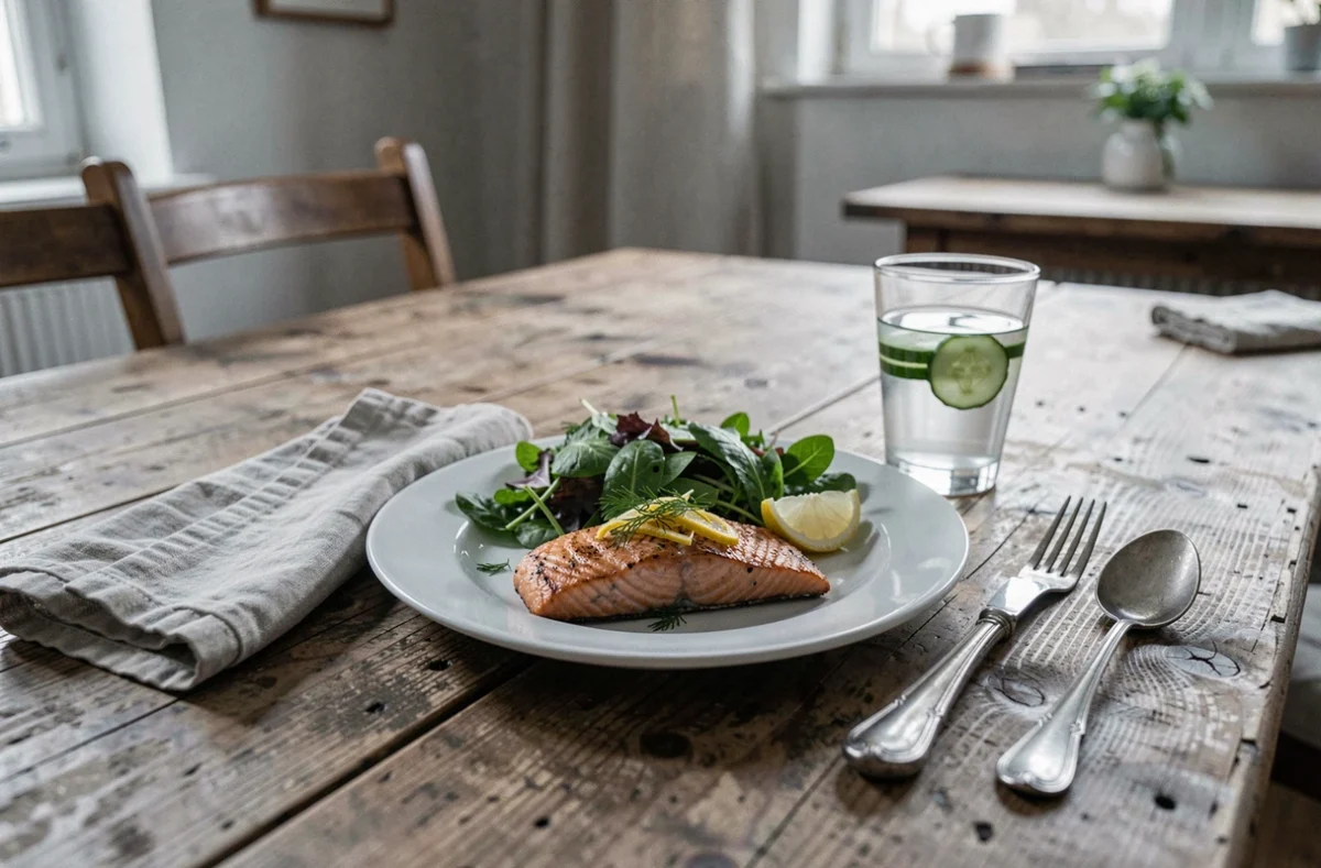 Assiette de saumon grillé avec salade verte et eau citronnée sur une table en bois rustique, repas minceur sain et savoureux