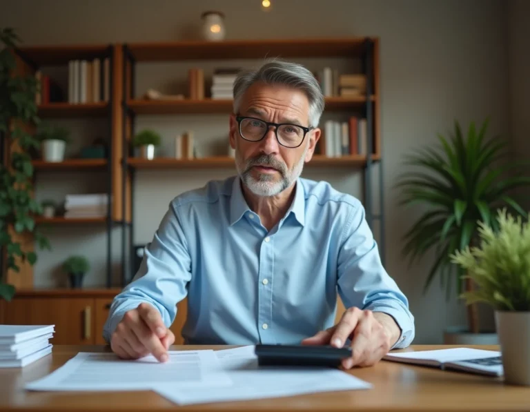 Homme consultant des documents immobiliers et une calculatrice pour calculer les années de détention d'un bien
