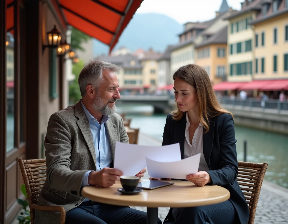 Deux dirigeants d'entreprise étudient les démarches de cession en terrasse dans la vieille ville d'Annecy au bord du canal