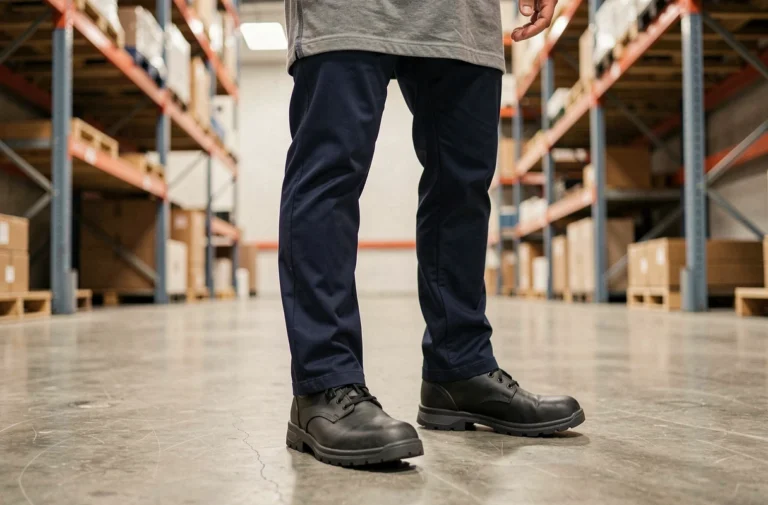 Homme portant des chaussures de sécurité légères noires dans un entrepôt industriel, vue en contre-plongée mettant en valeur la semelle et la protection du bout renforcé