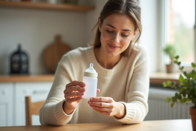 Jeune maman examinant une tétine de biberon adaptée au lait Guigoz Gest dans une cuisine moderne en bois clair
