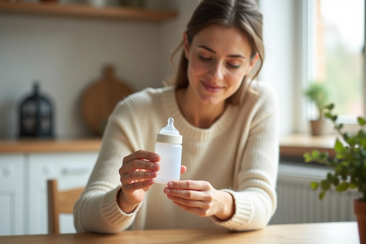 Jeune maman examinant une tétine de biberon adaptée au lait Guigoz Gest dans une cuisine moderne en bois clair