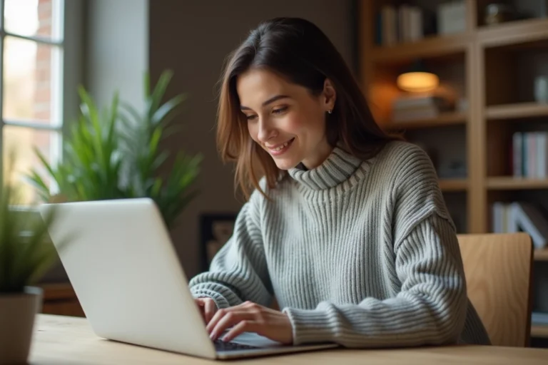 Femme connectée à son espace membre sur un site d'annonces en ligne depuis son bureau à domicile