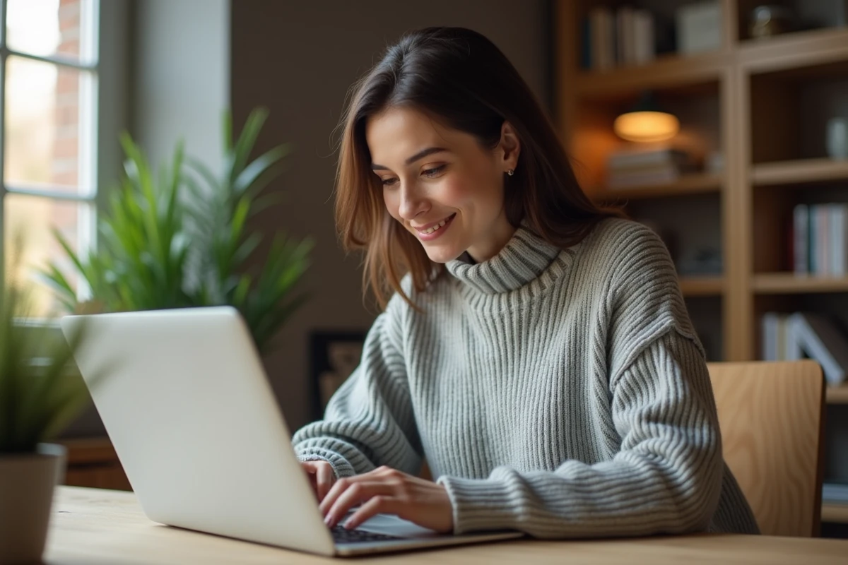 Femme connectée à son espace membre sur un site d'annonces en ligne depuis son bureau à domicile