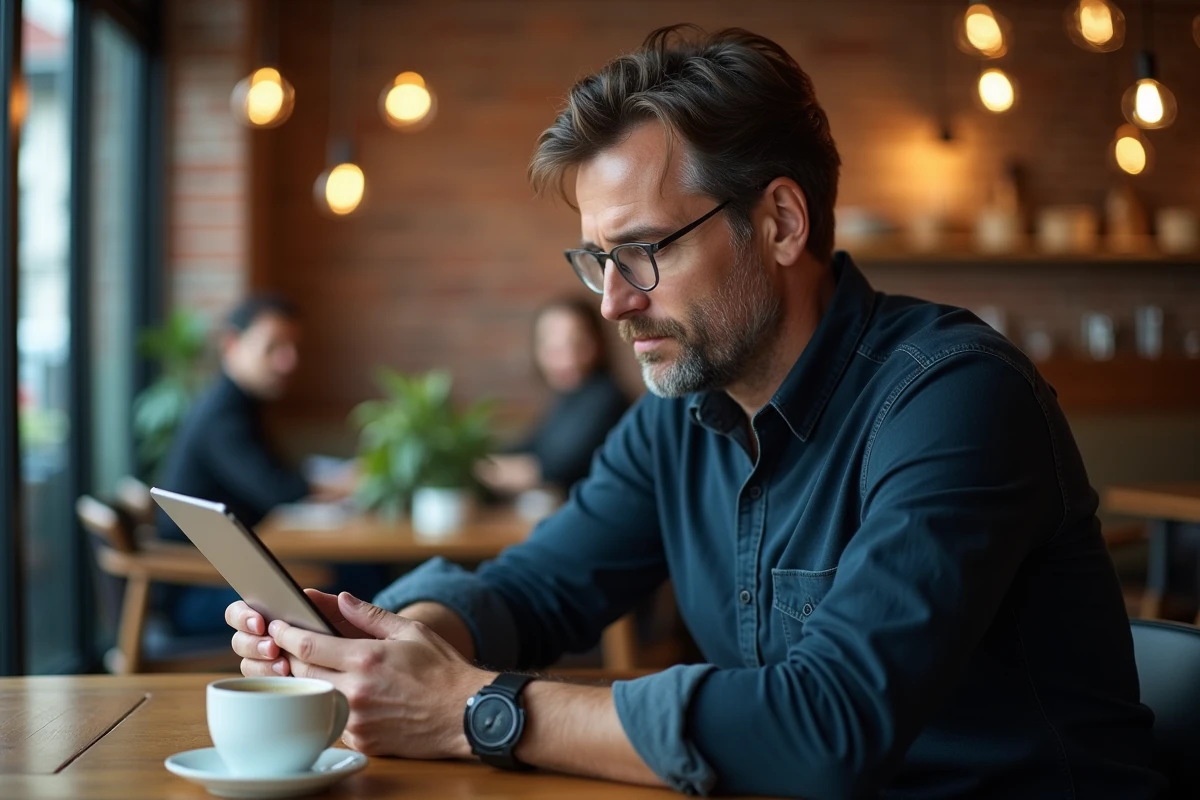 Homme consultant des annonces gratuites sur une tablette dans un café urbain