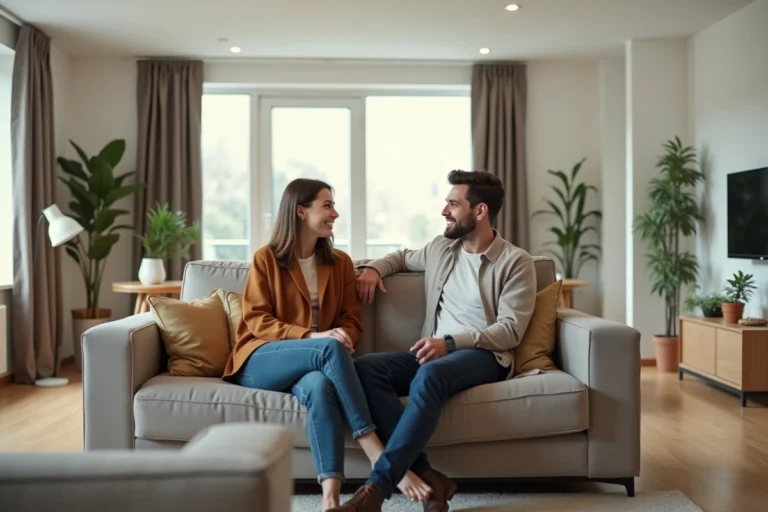 Jeune couple détendu dans un salon moderne lumineux