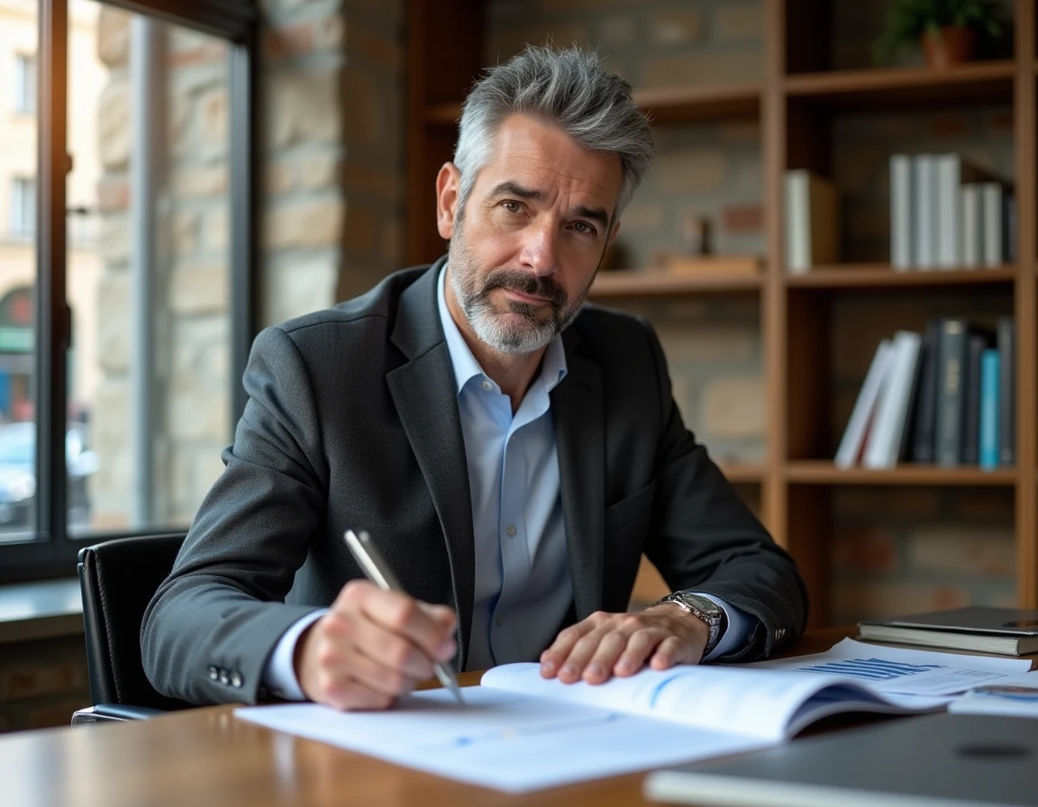 Un courtier expert analyse les documents financiers pour préparer la cession d'une PME dans son cabinet conseil à Annecy