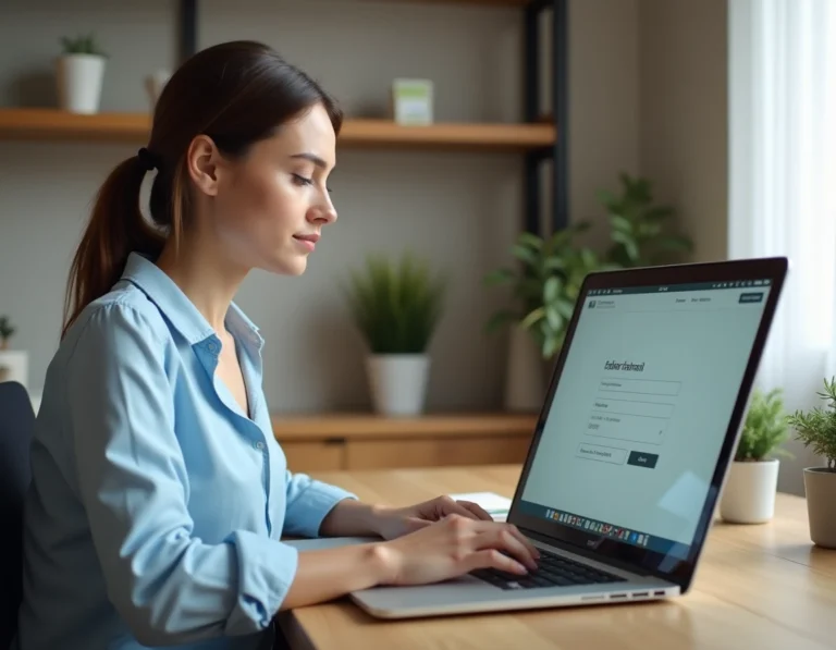 Femme créant son compte MyCitya sur un ordinateur portable dans un bureau à domicile moderne