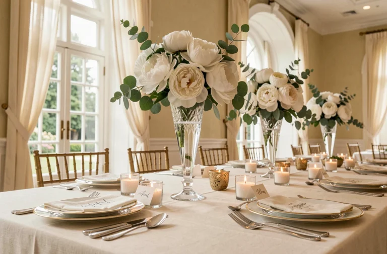 Table de mariage élégante décorée de pivoines blanches, vaisselle dorée et bougies en verre dans une salle de réception lumineuse