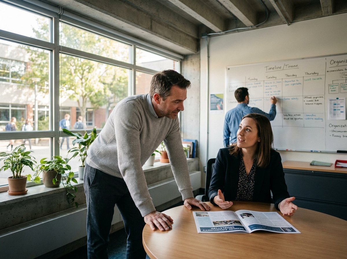 Enseignants collaborant autour d'une table en salle des professeurs, échangeant sur les outils de communication interne d'un établissement scolaire