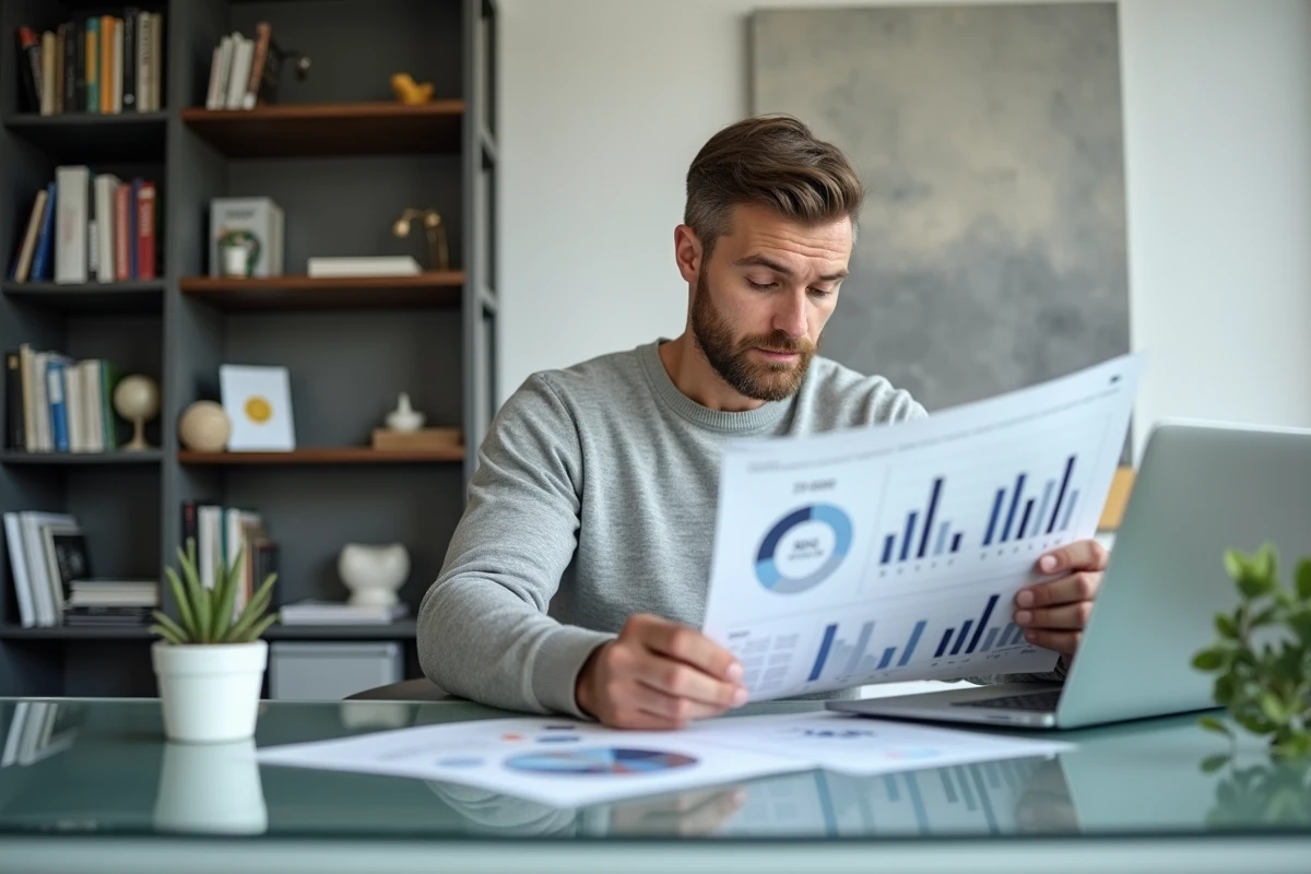 Entrepreneur concentré analysant un rapport d'agence média numérique dans un bureau à domicile moderne pour optimiser la croissance de son business