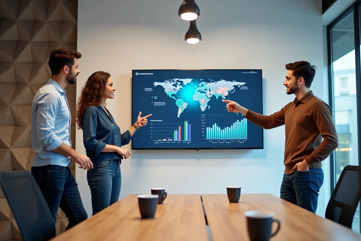 Équipe de professionnels collaborant autour d'un écran tactile dans un espace de co-working pour développer une stratégie d'agence média innovante
