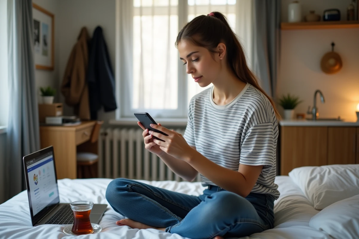 Étudiante consultant son code locataire Crous sur l'application mobile depuis son studio universitaire
