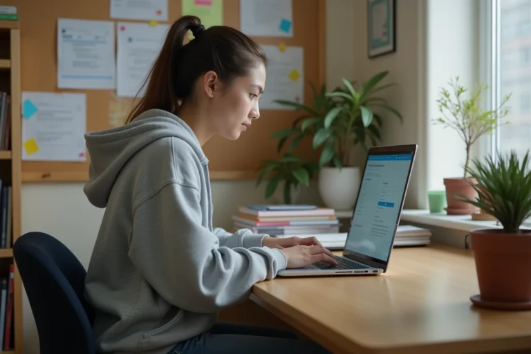 Étudiante connectée au portail Crous sur son ordinateur portable dans une chambre de résidence universitaire