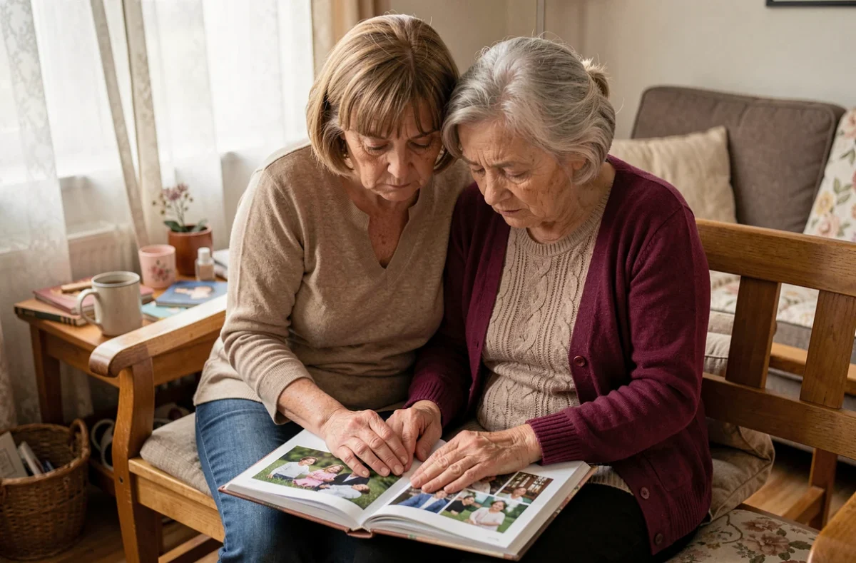 Deux femmes en deuil regardant ensemble un album photo de famille en souvenir d'une fille disparue