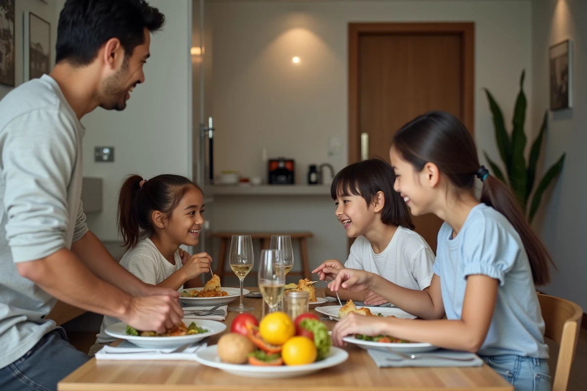Famille de quatre partageant un repas dans une salle à manger