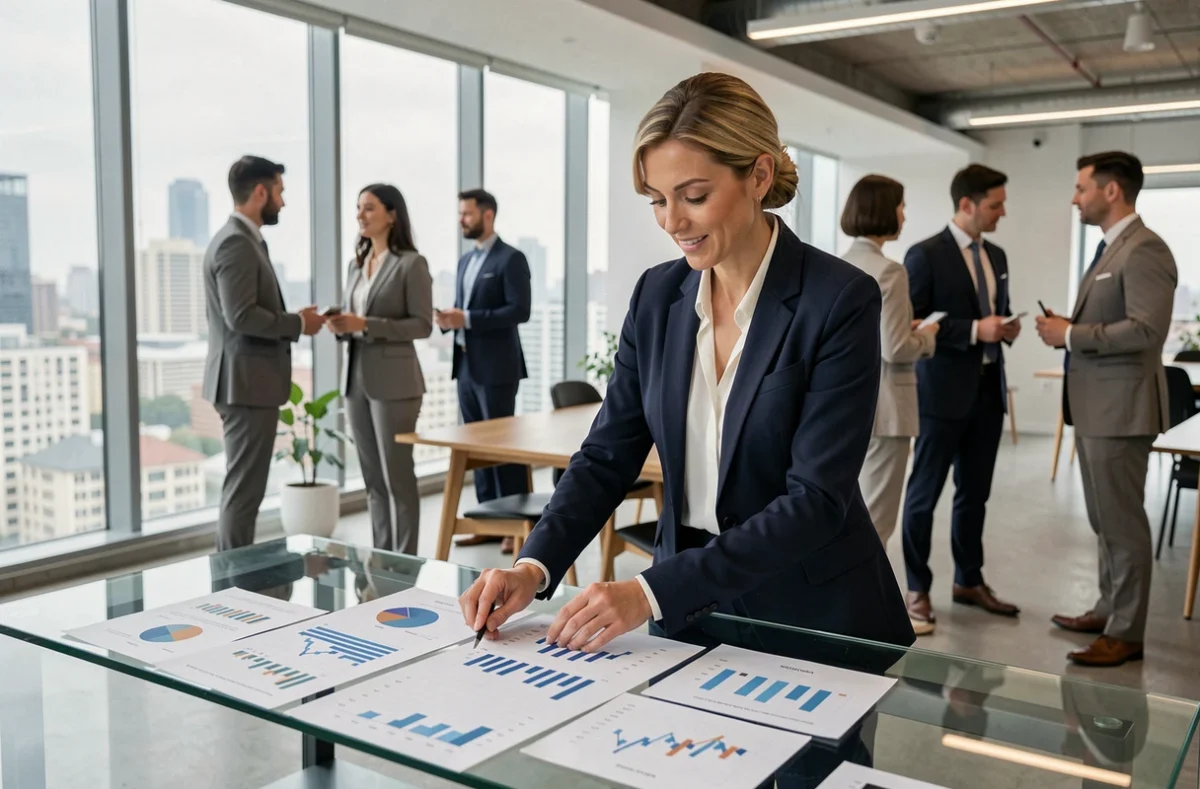 Femme d'affaires analysant des graphiques financiers dans un bureau moderne avec vue sur la ville