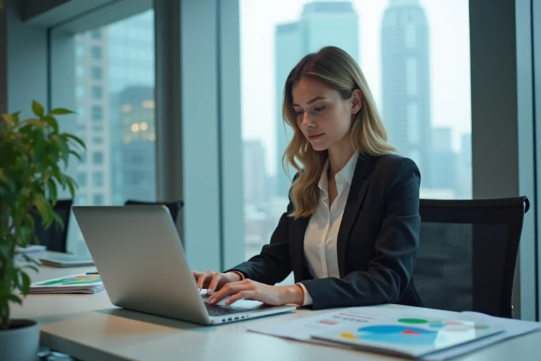 Femme d'affaires concentrée analysant des tableaux de bord