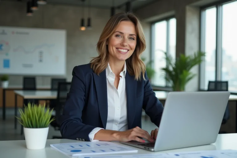Femme d'affaires dans un bureau moderne analysant des données marketing sur un ordinateur pour booster son business avec une agence média en ligne