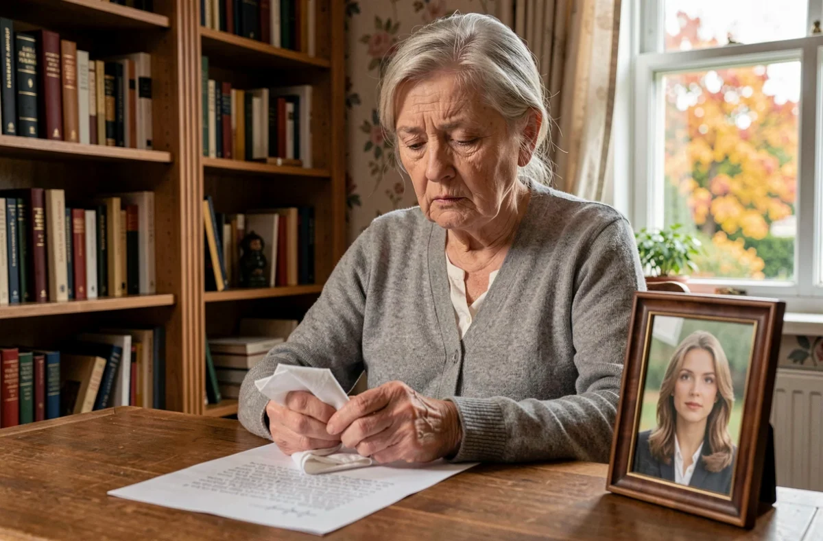 Femme âgée écrivant une lettre d'adieu à sa fille disparue, assise à un bureau en bois avec une photo encadrée