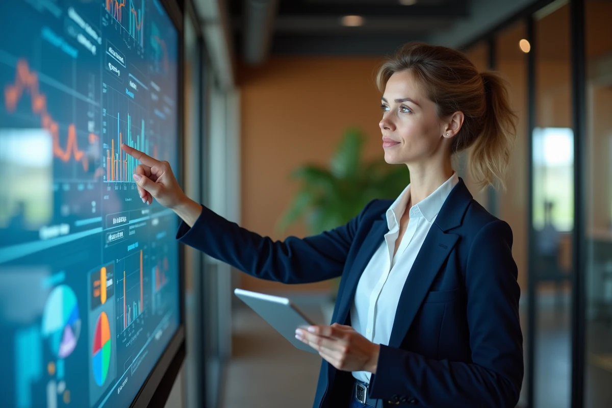 Femme confiante pointant un graphique sur un tableau digital