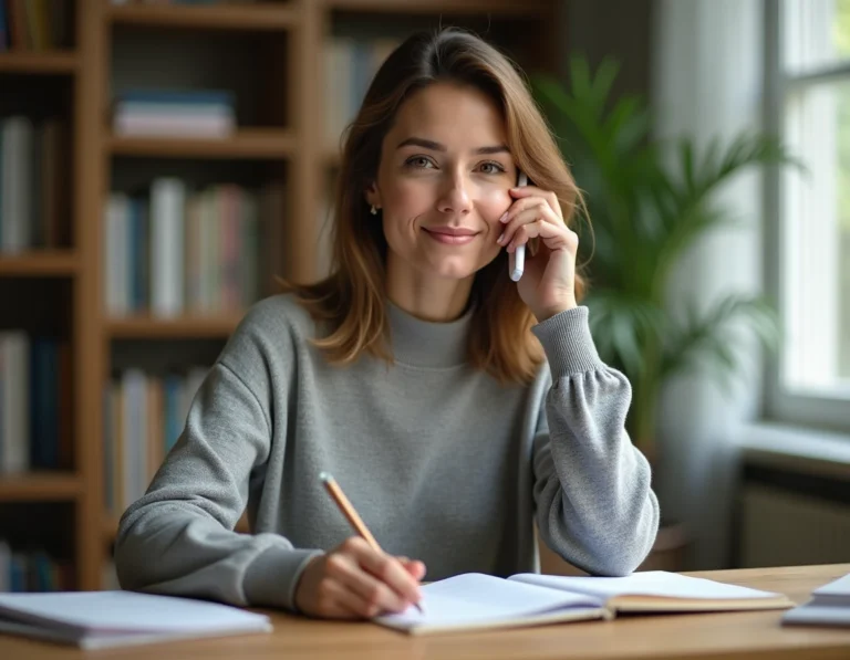 Femme appelant le service client Bouygues Telecom au 1064 depuis son bureau à domicile