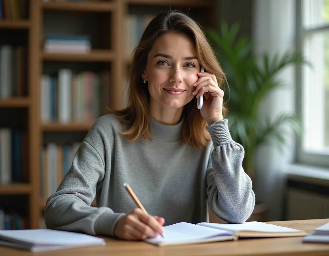 Femme appelant le service client Bouygues Telecom au 1064 depuis son bureau à domicile
