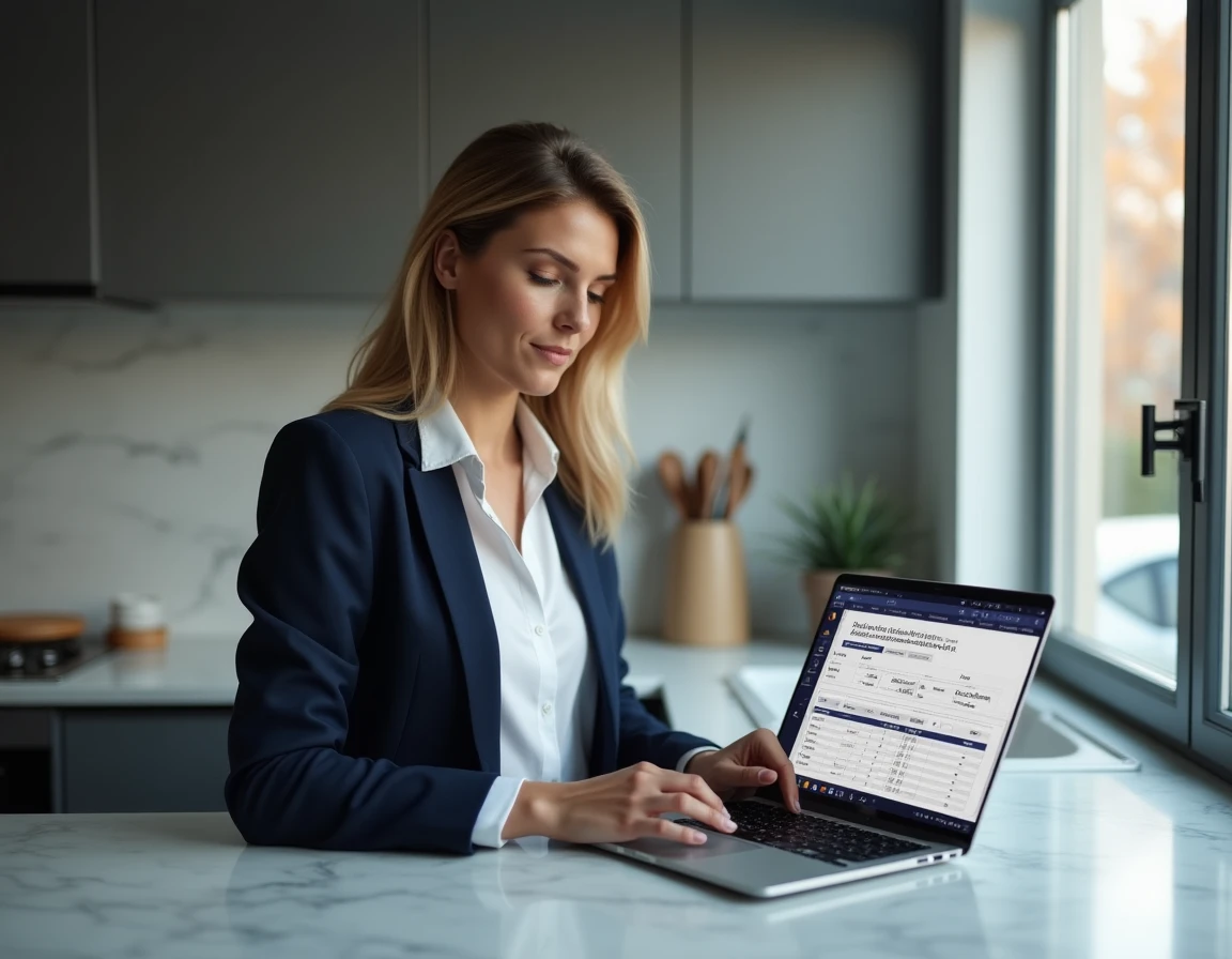 Femme calculant la plus-value immobilière sur un ordinateur portable dans une cuisine moderne