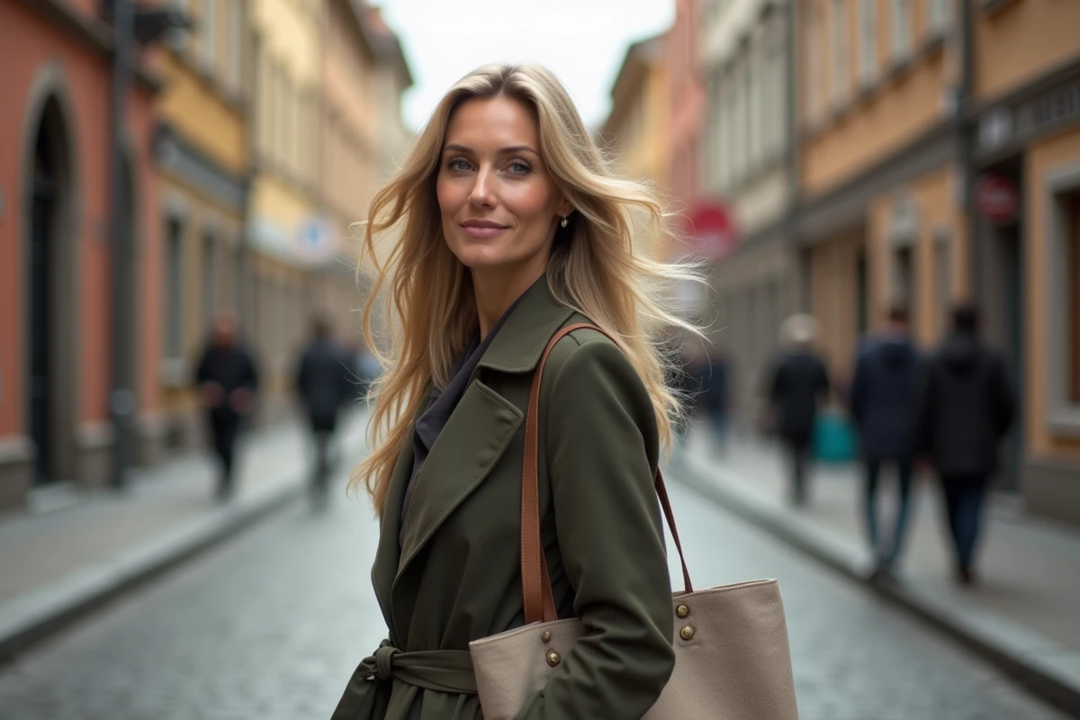 Femme aux cheveux longs et sains en manteau olive marchant dans une rue pavée européenne