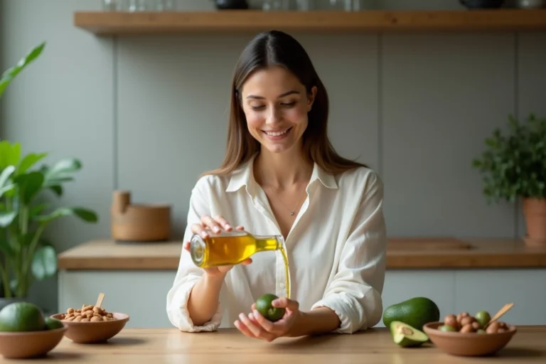 Femme versant de l'huile végétale dans ses mains dans une cuisine moderne