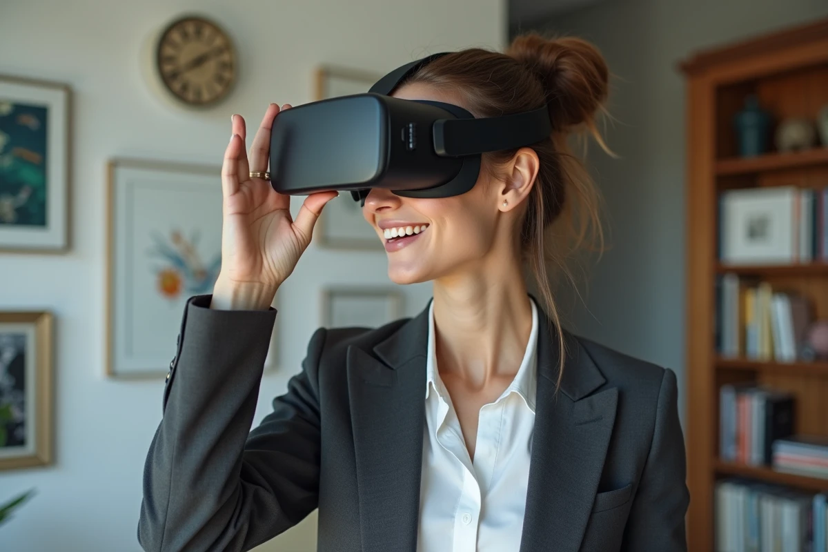 Femme souriante portant un casque AR dans un espace de travail