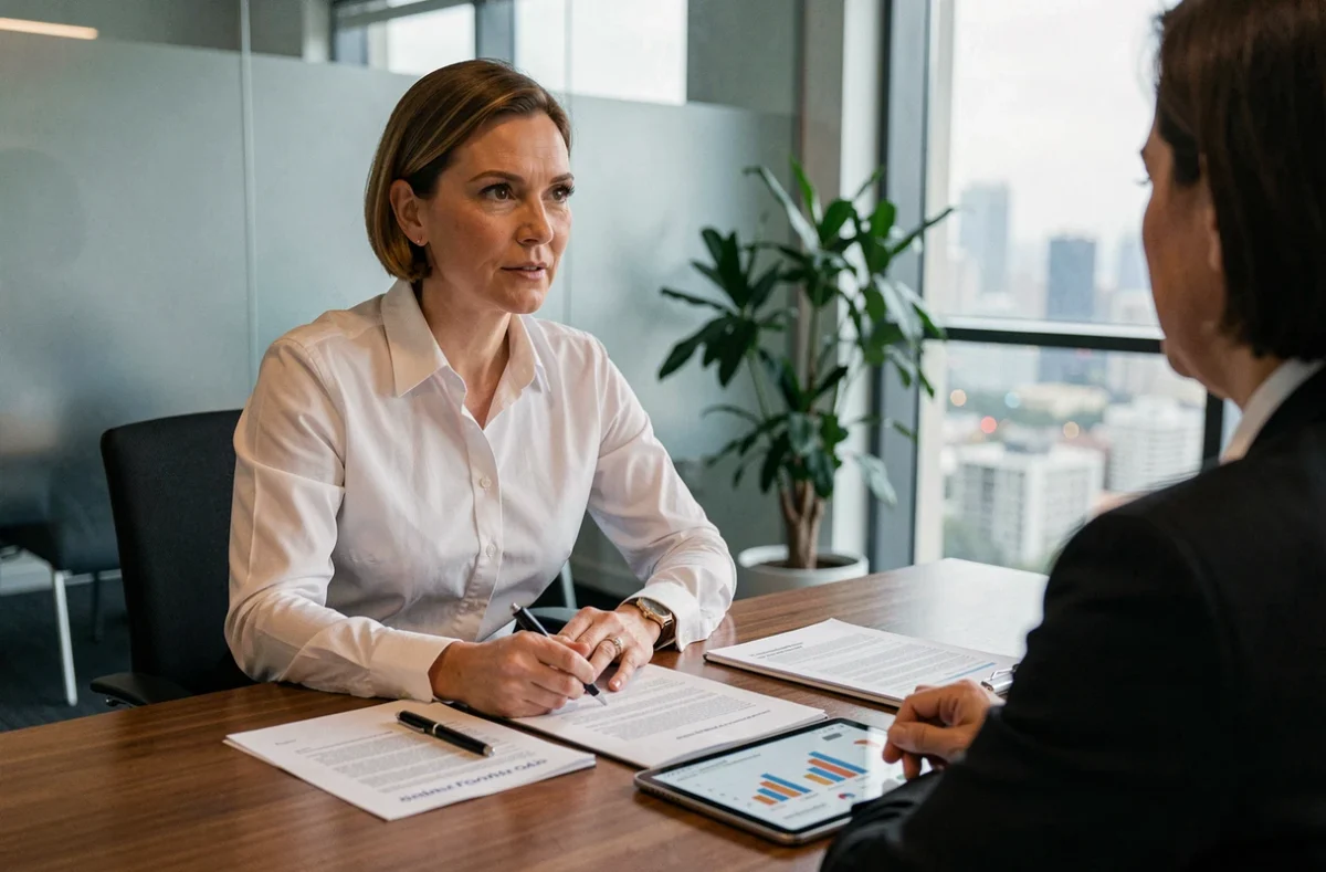 Femme cadre discutant de revenus et finances avec un conseiller dans une salle de réunion professionnelle, illustration des revenus médias
