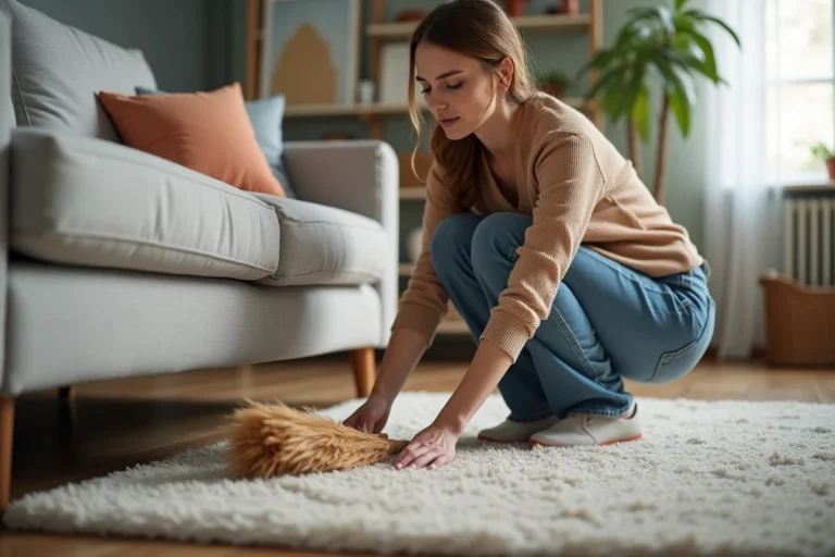 Femme en jeans nettoyant sous un canapé moderne