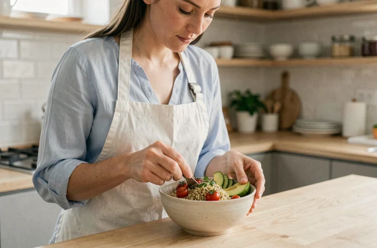 Femme préparant un Buddha bowl coloré et équilibré dans une cuisine lumineuse, recette légère et saine pour une alimentation minceur