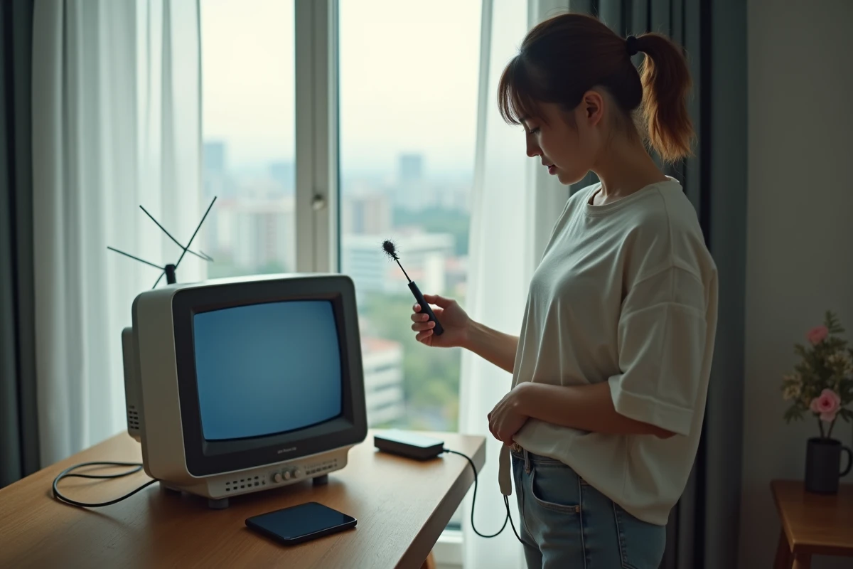 Jeune femme tenant une antenne devant une TV portable