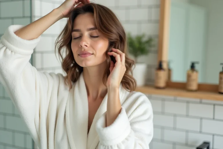 Femme en peignoir blanc se coiffant les cheveux naturels dans une salle de bain moderne et épurée