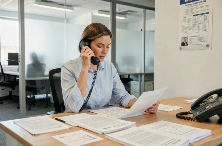 Femme au téléphone consultant un médiateur ANTS dans un bureau administratif moderne