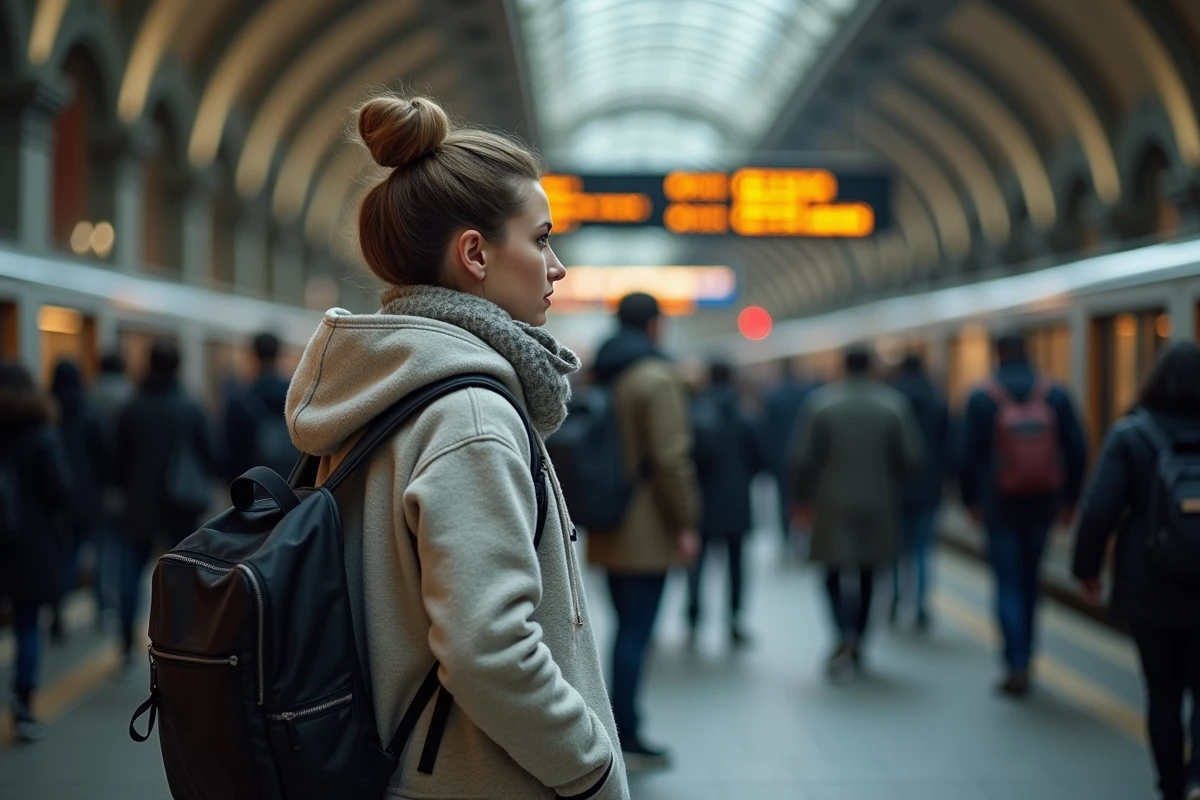 Jeune femme dans une gare urbaine vérifiant un tableau de départ