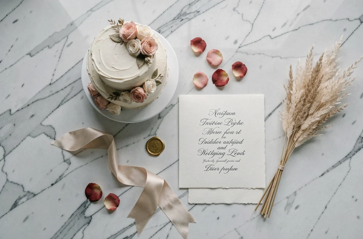 Flat lay de mariage élégant avec gâteau à étages, faire-part en papier coton et accessoires dorés sur marbre blanc