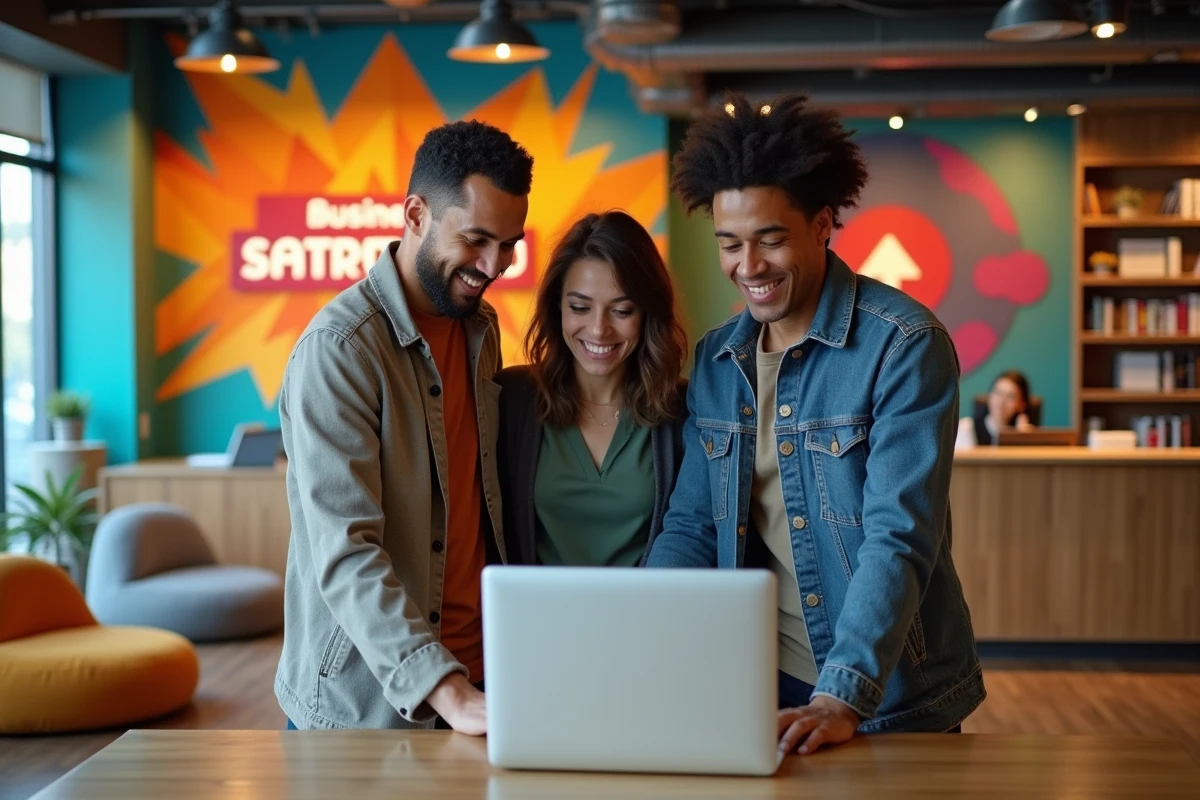 Groupe d'entrepreneurs collaborant sur une inscription en ligne au foyer entrepreneurial pour booster leur startup
