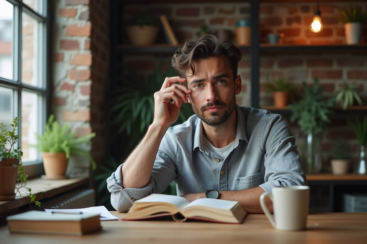 Homme aux cheveux naturels légèrement gras lisant près d'une fenêtre dans un bureau cosy à la maison