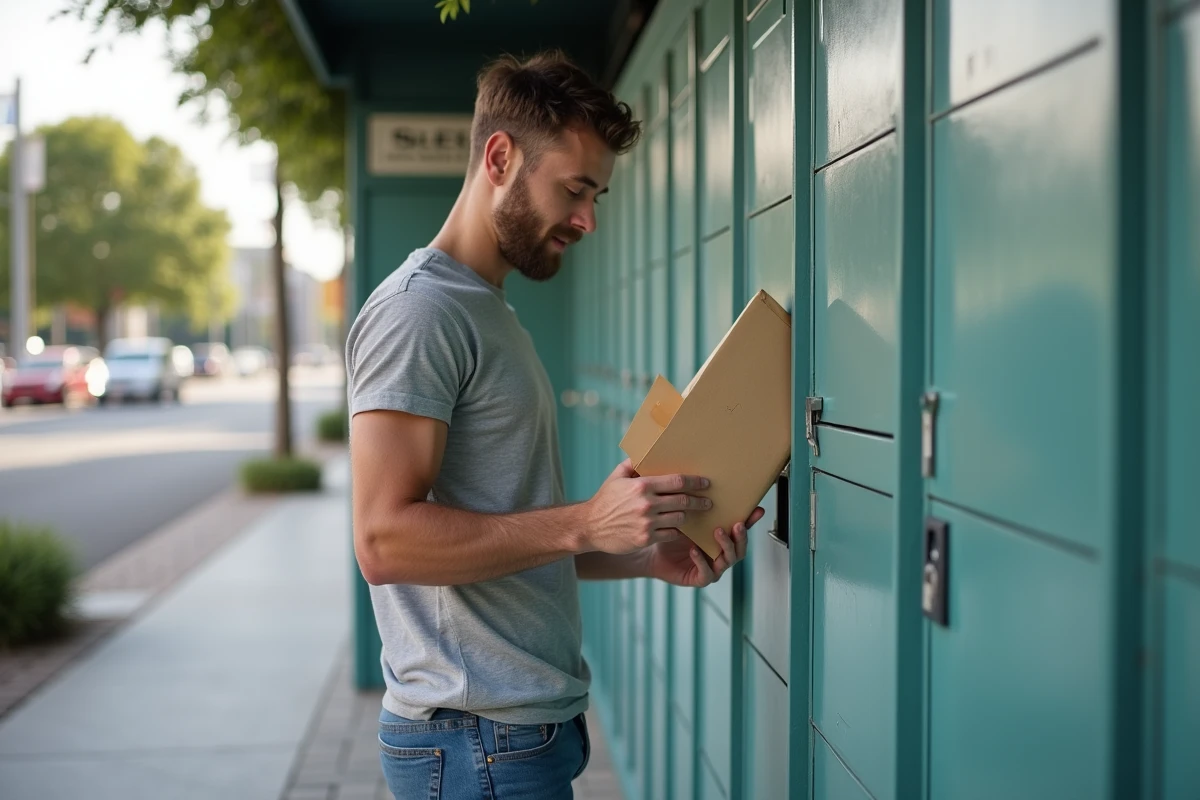 Homme déposant un colis dans un automate en milieu urbain