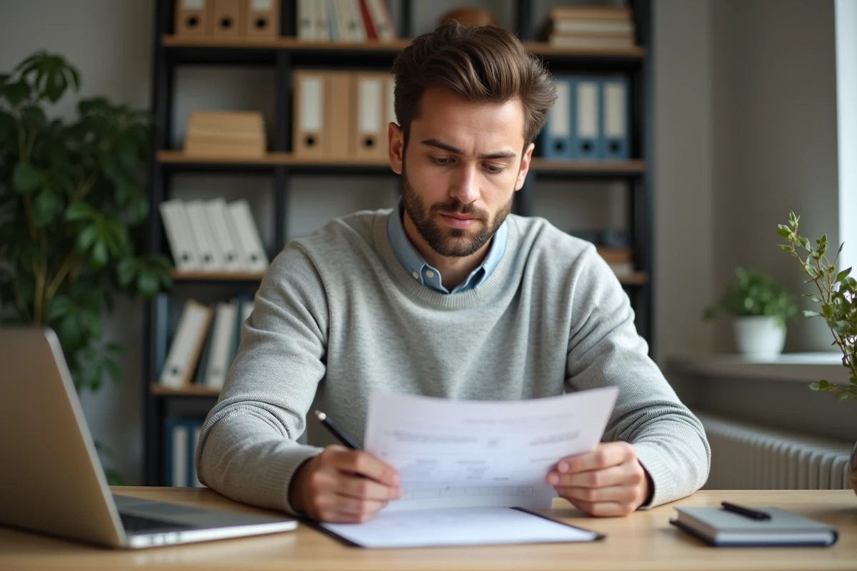 Jeune homme lisant attentivement un contrat de location d'appartement à son bureau à domicile