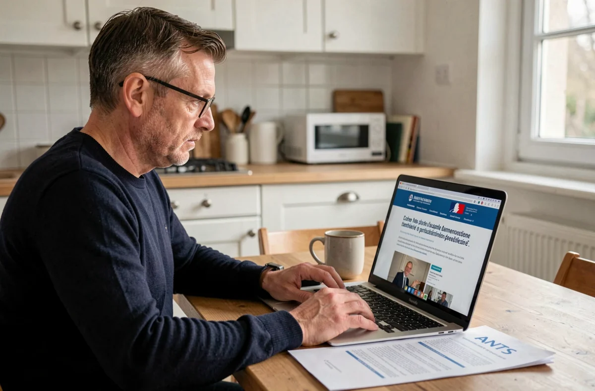 Homme consultant le site ANTS sur son ordinateur portable depuis son domicile pour une démarche administrative